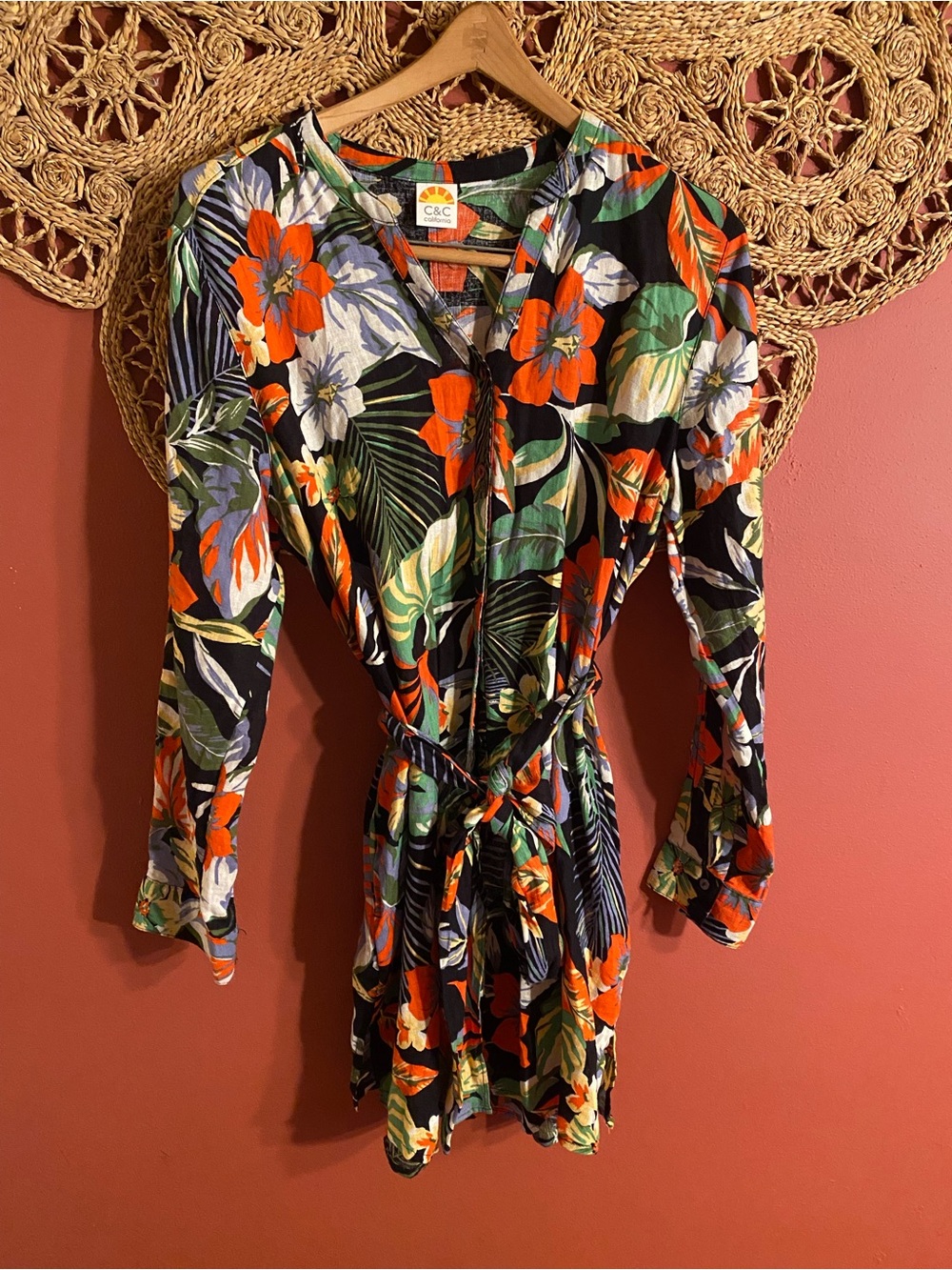 C&C California Tropical Floral Linen Blend Shirt Dress Multi